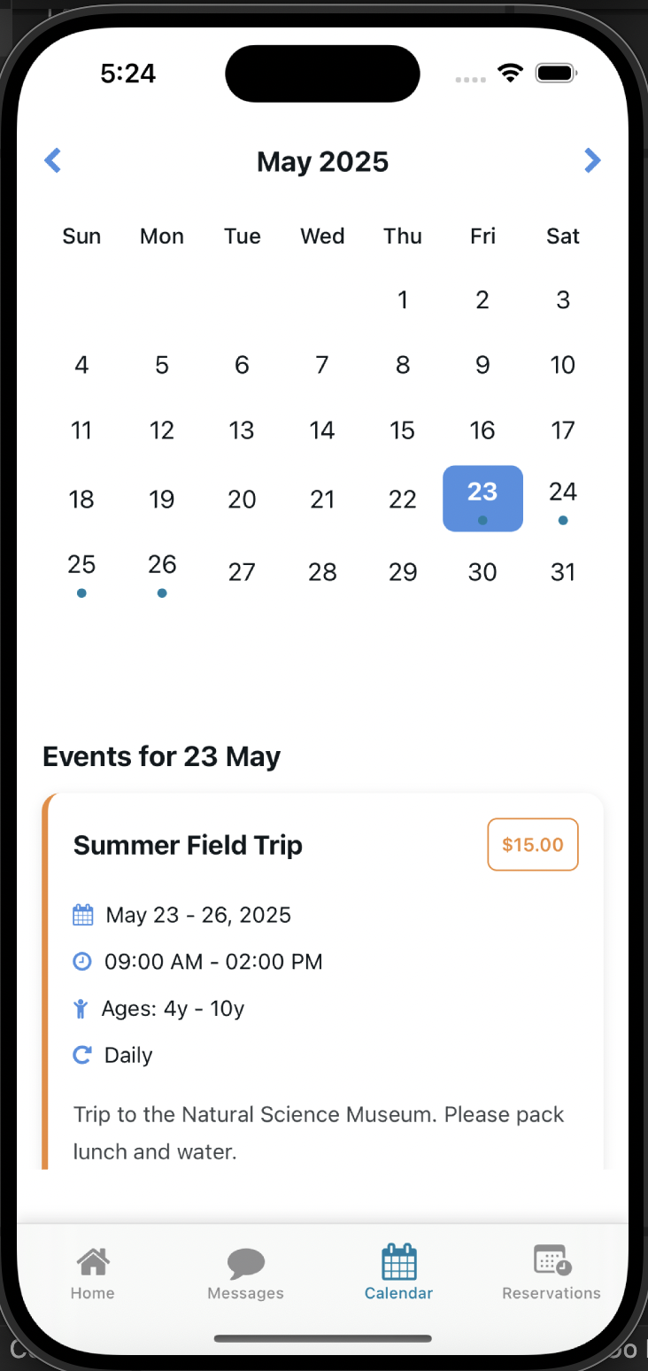 Mobile App Events Screen